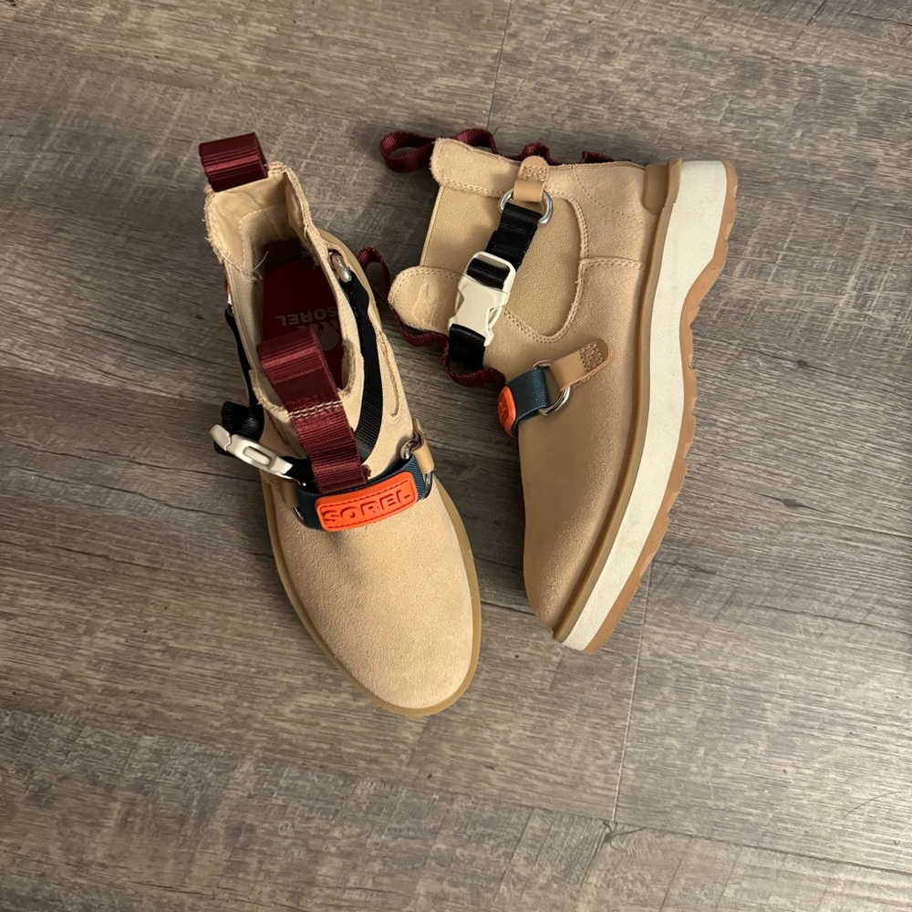 New Sorel waterproof suede Chelsea boots with hiking-inspired straps